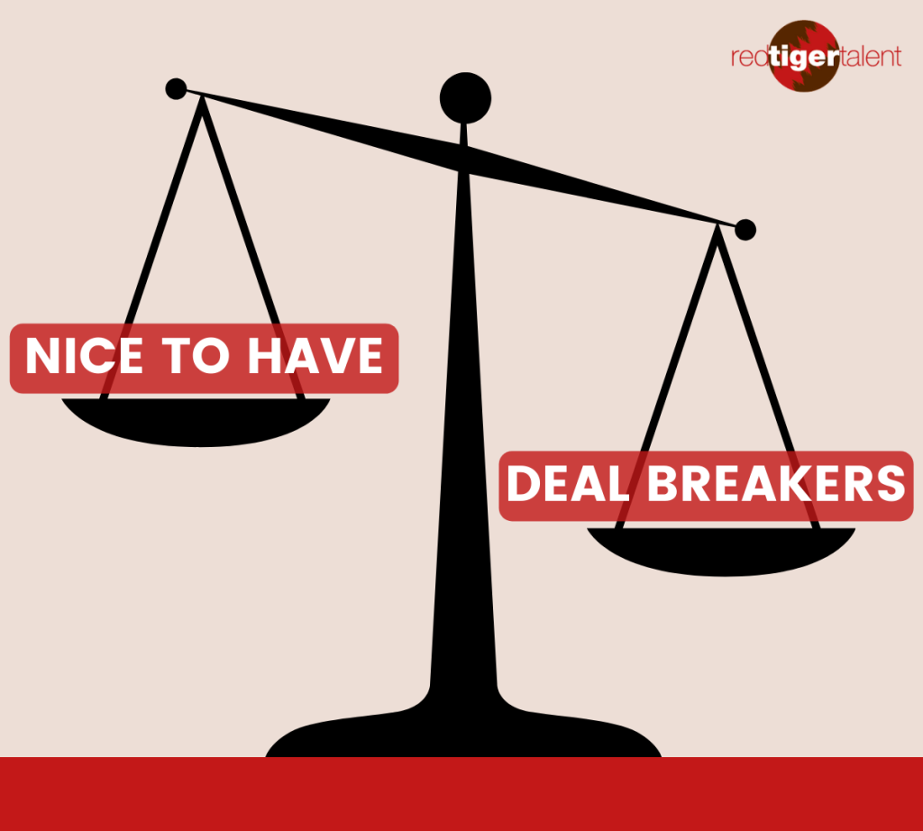 A graphic of scales with 'nice to have' on the lighter side, and 'deal breakers' on the heavier side